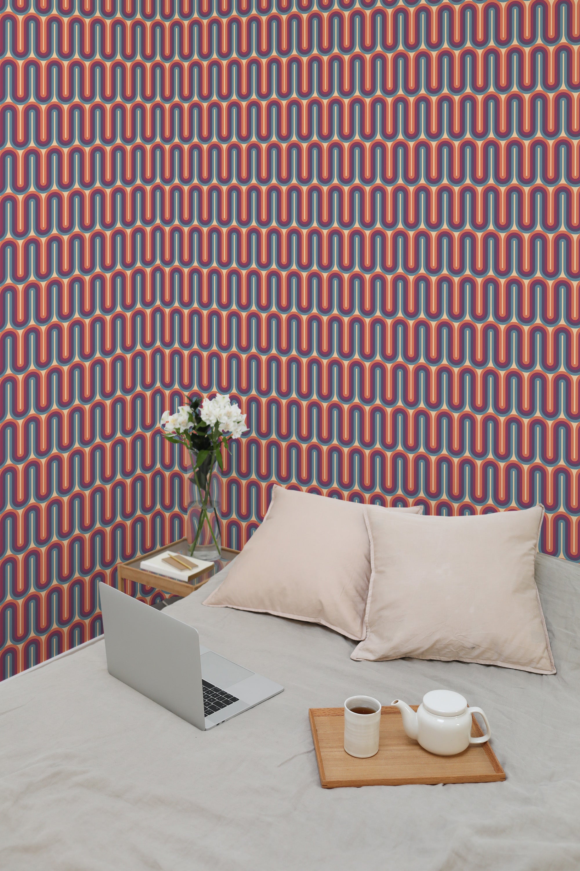 Self-adhesive wallpaper with a Purple retro wave pattern of wavy lines in purple, red, blue, and white hues, adding a vibrant and nostalgic feel to the room.