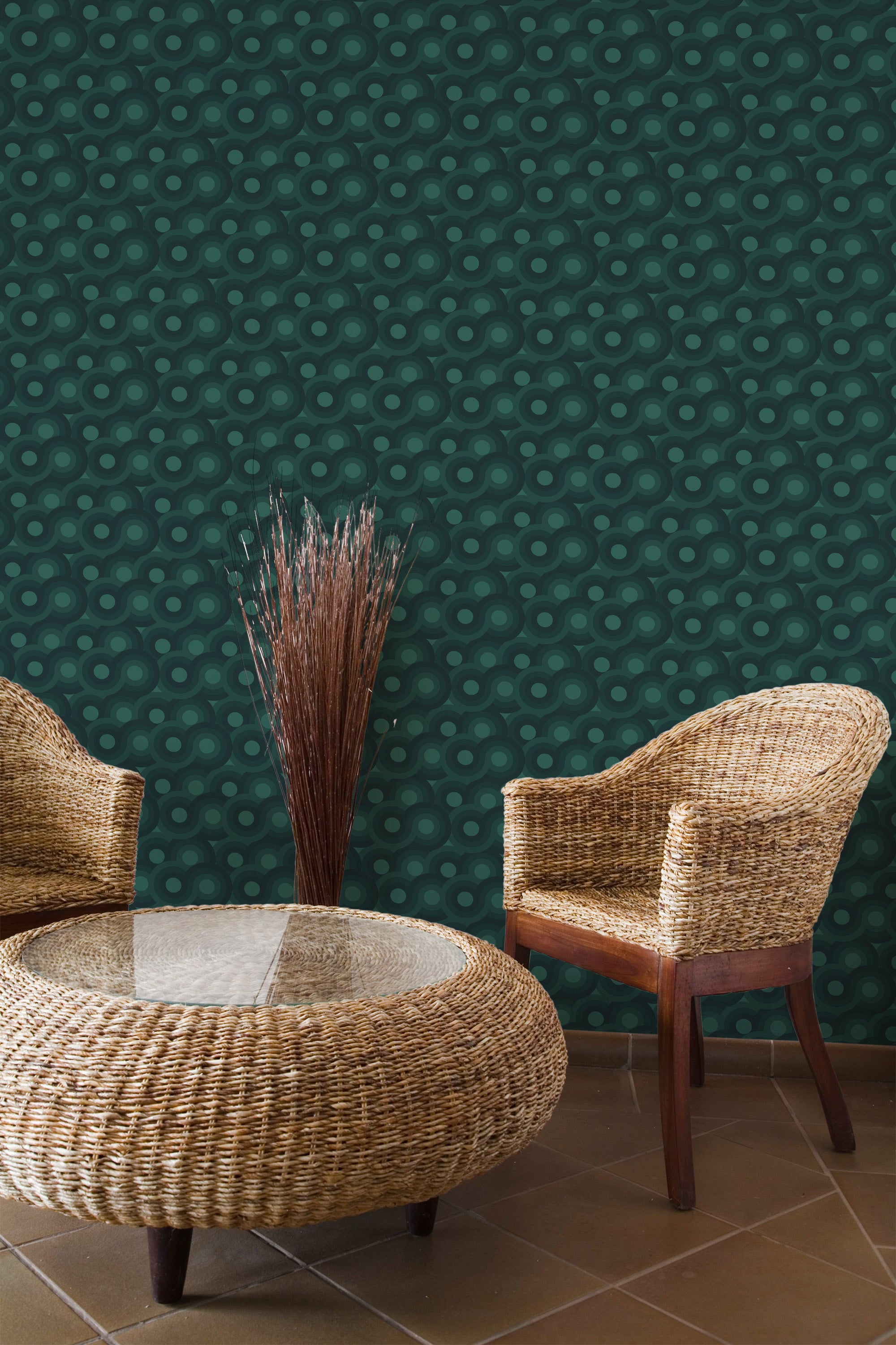 Self-adhesive forest green retro wallpaper with a geometric circular pattern in various shades of green, creating a vintage-inspired look.
