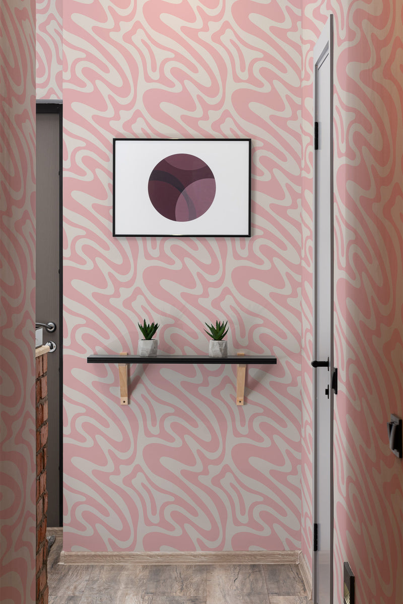 Wall covered in a Pink funky wave design with swirling patterns in soft pink and beige tones, conveying a retro, playful vibe in a traditional wallpaper.