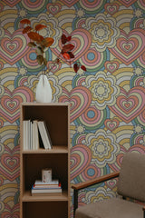self-adhesive wallpaper pastel retro pattern bookshelf armchair decorative plant interior