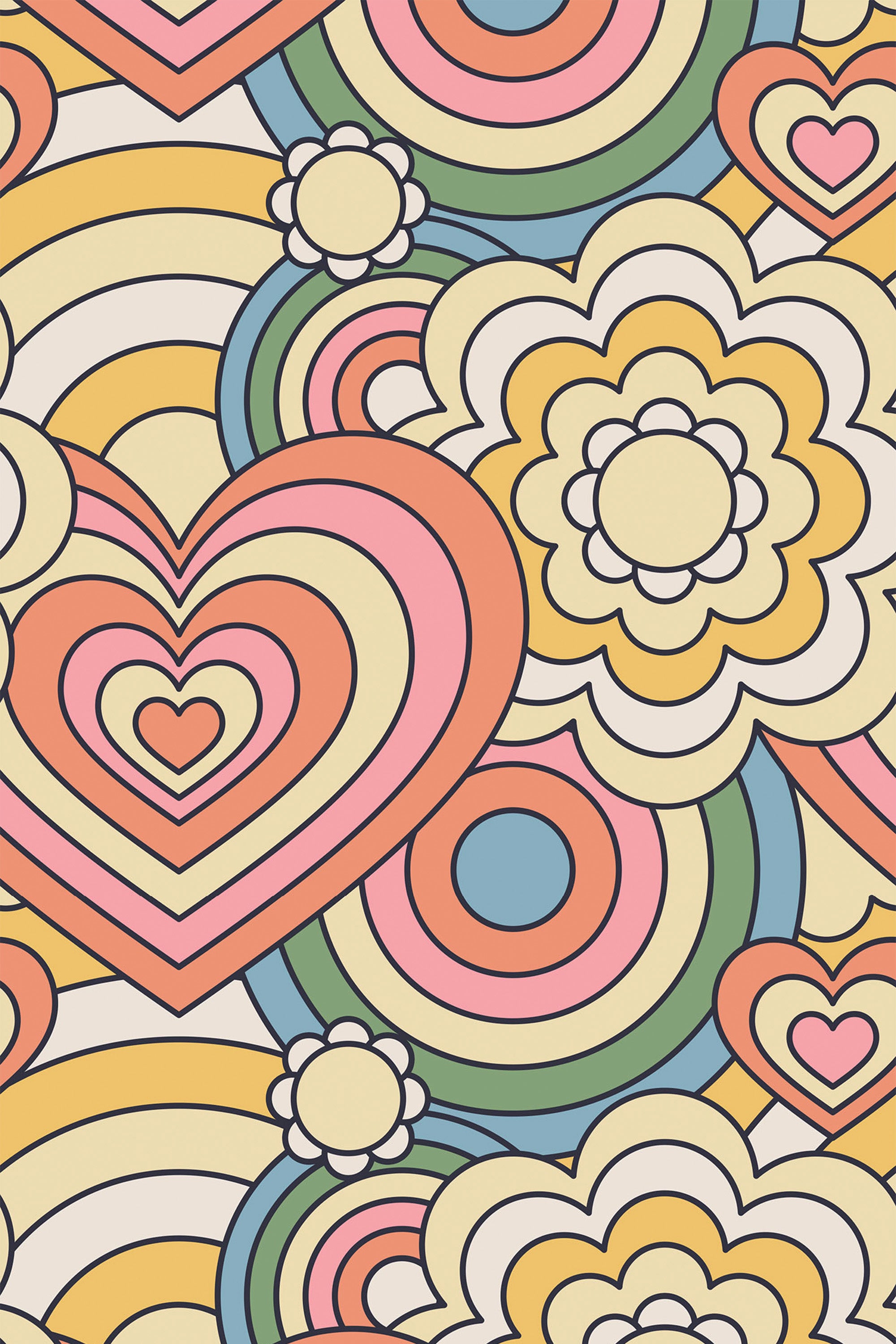 Colorful retro-inspired wallpaper with large hearts, radial circles, and stylized flowers in muted pastel shades of pink, yellow, green, and blue. Peel and stick removable wallpaper.