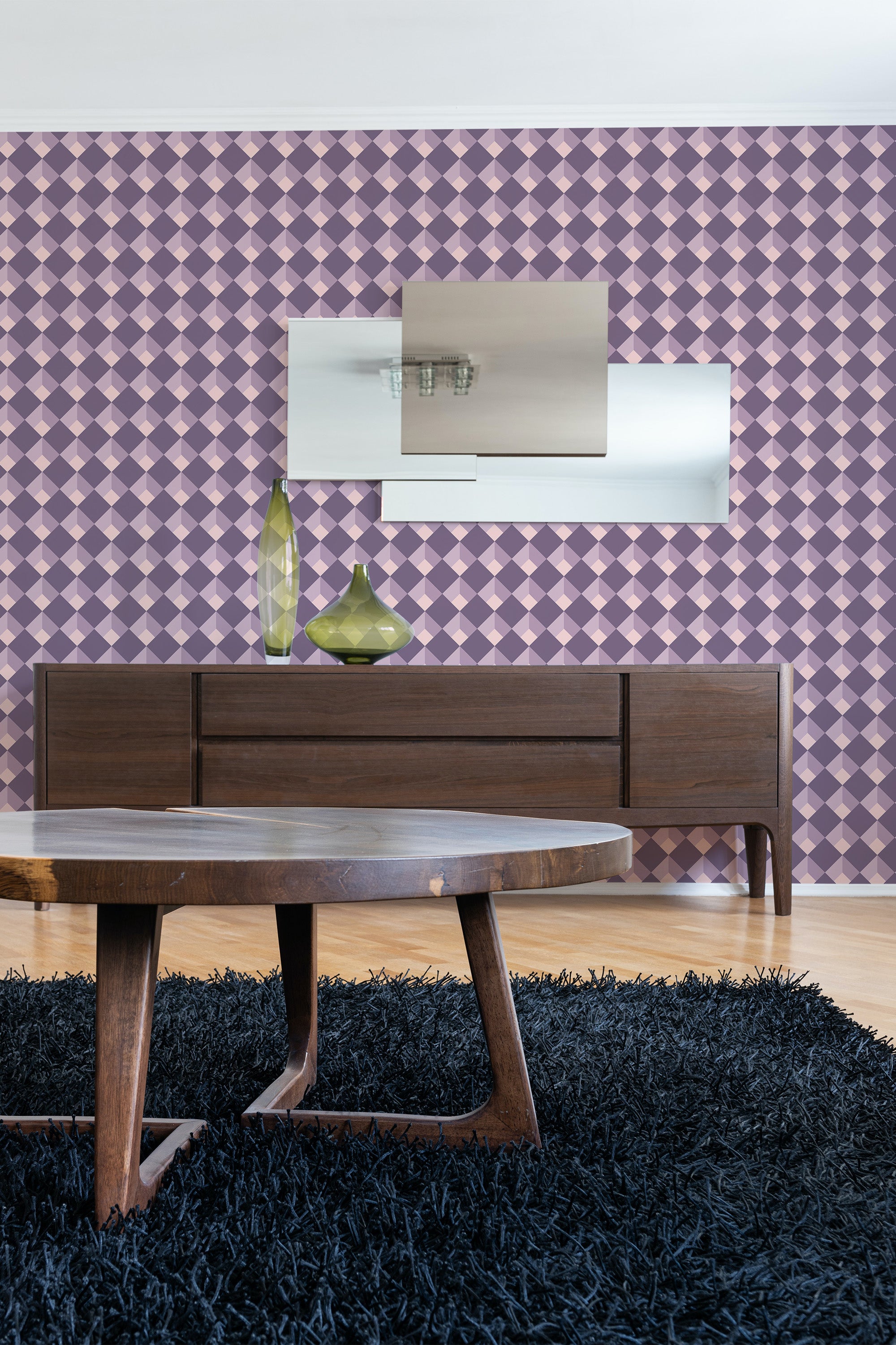 Purple checkered wallpaper with alternating squares in various shades of purple decorates the wall, creating a vibrant and eye-catching pattern that complements the room's modern furniture. Traditional wallpaper.