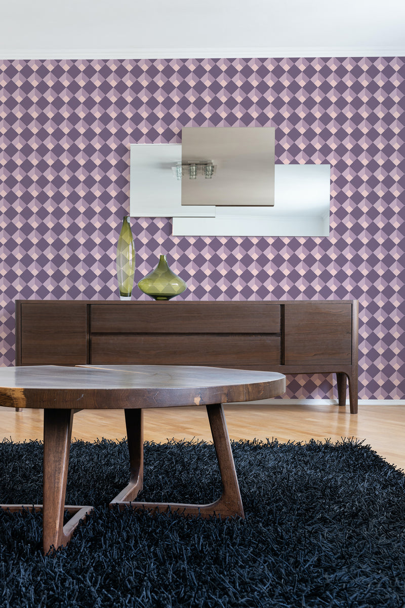 contemporary living room dark wood furniture purple check peel and stick wallpaper
