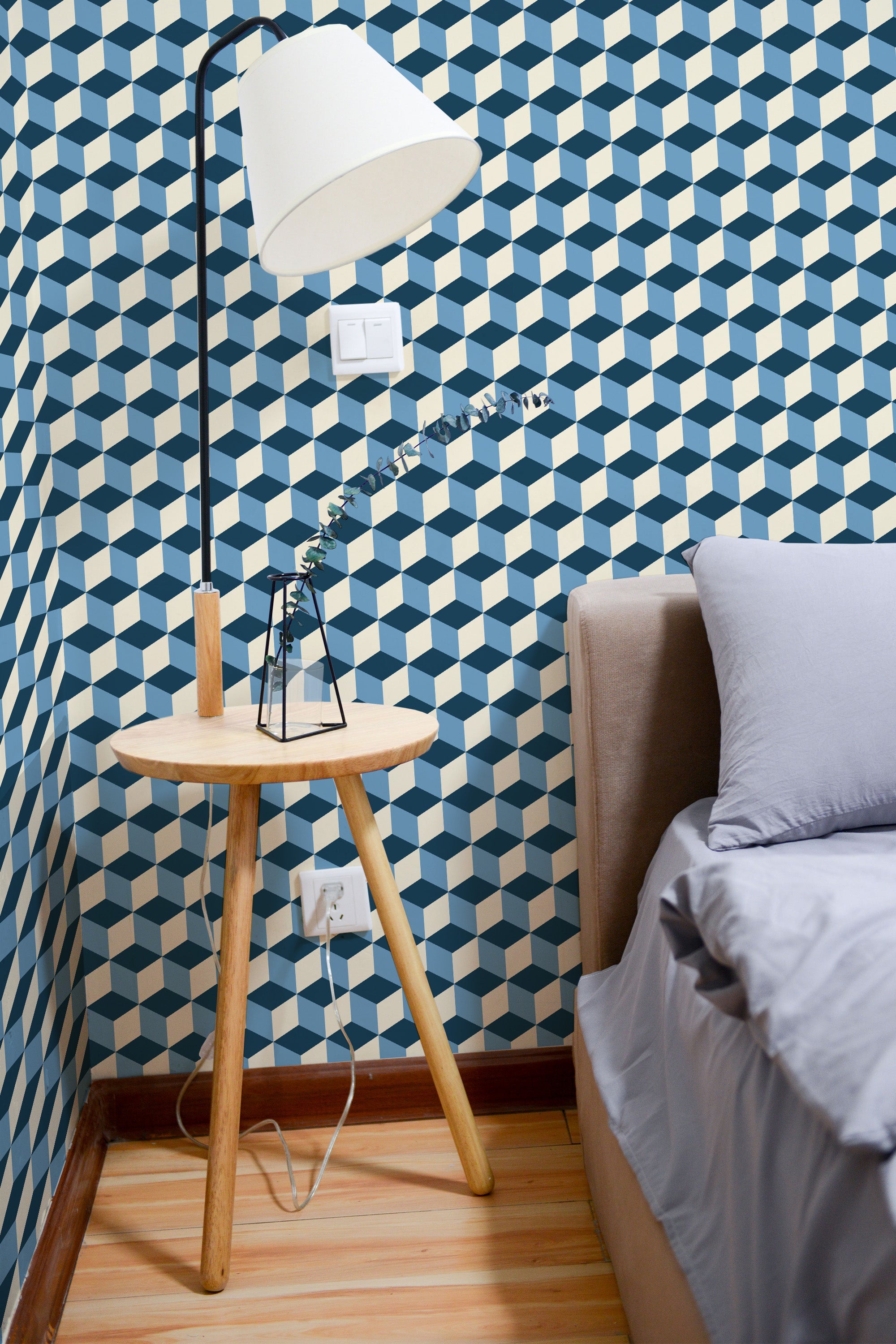Self-adhesive wallpaper with a vibrant Blue Cube geometric pattern, featuring interlocking blue and white cubes creating an optical illusion of three-dimensional depth.