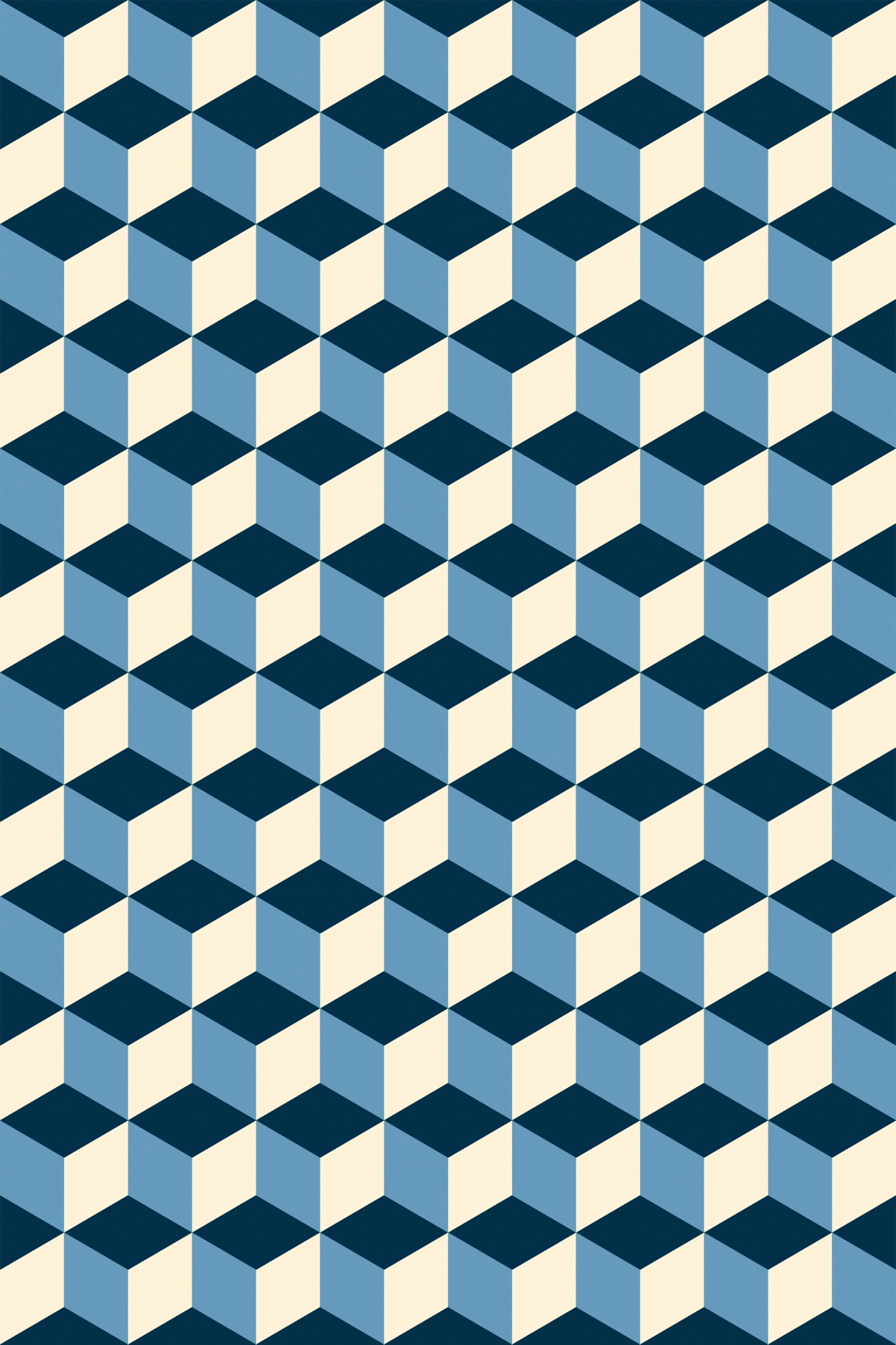 A geometric pattern of interconnected cubes in varying shades of blue and cream, creating a three-dimensional effect. Peel and stick removable wallpaper.