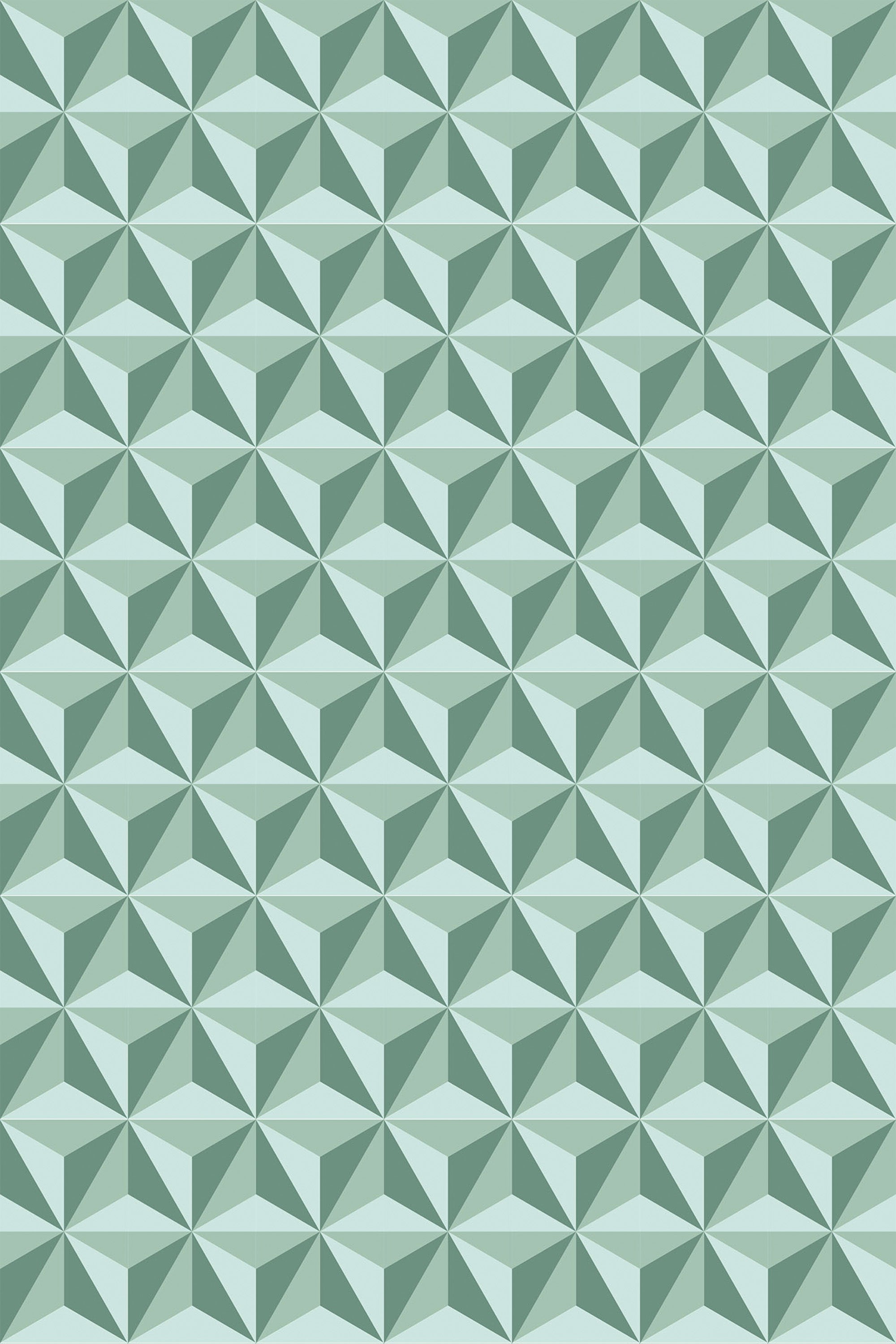 A repeating pattern of geometric shapes in varying shades of green and teal, forming a vintage tile design with a three-dimensional effect. The design is on a peel and stick removable wallpaper.