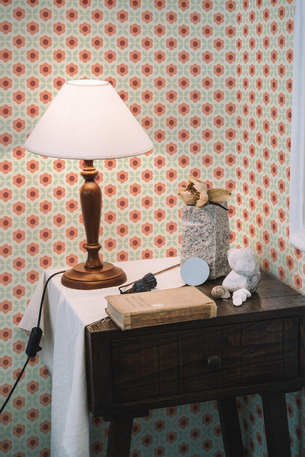 peel and stick wallpaper retro flower grid pattern accent wall bedroom nightstand interior