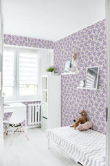 removable wallpaper purple flowers pattern kids room desk bed bookshelf toys
