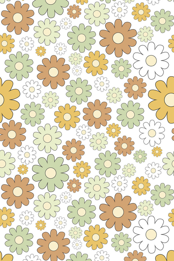 A seamless pattern of multicolored flowers in various sizes, primarily in earthy tones of green, yellow, brown, and white, on a white background. This peel and stick removable wallpaper.