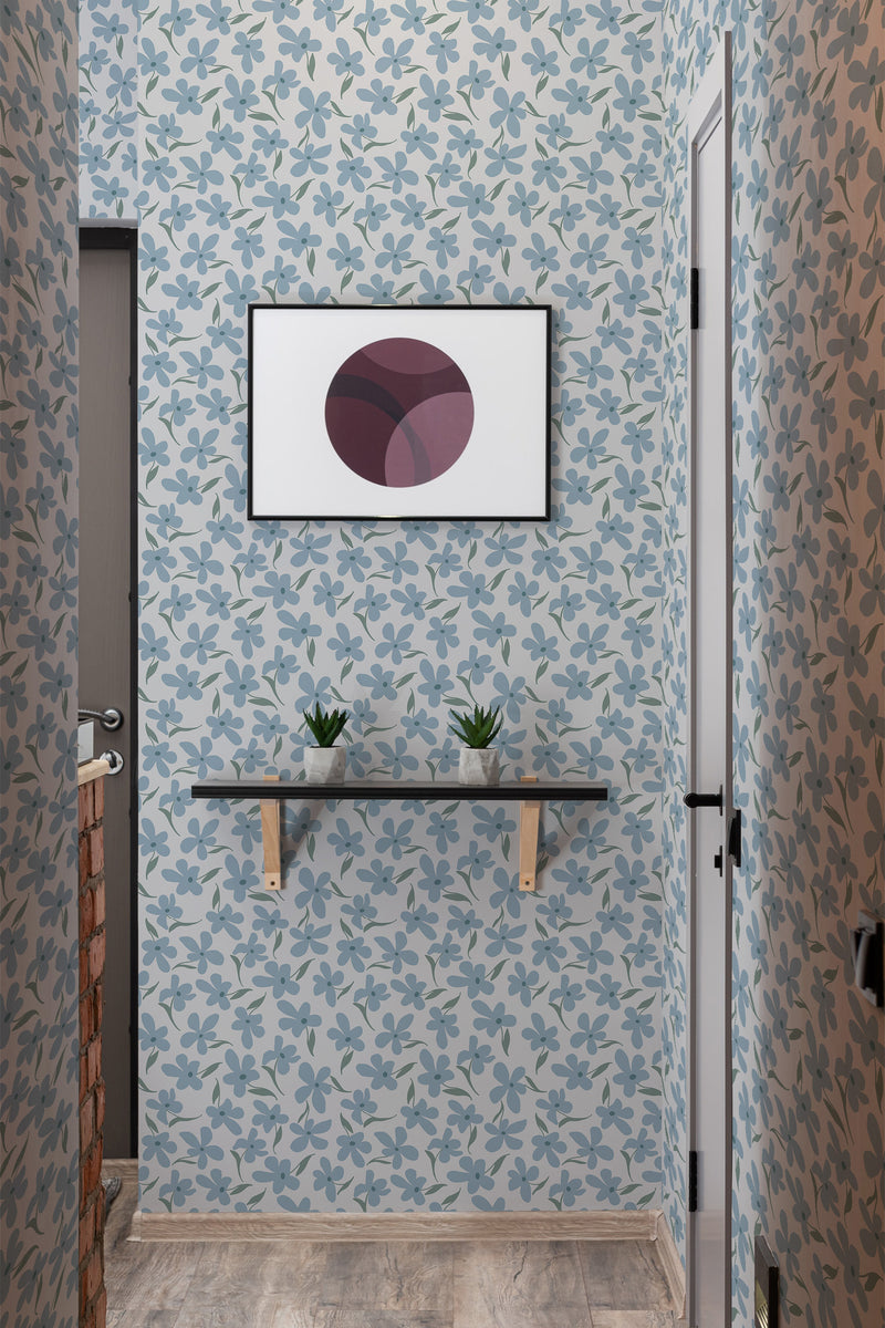 wallpaper blue aesthetic flowers pattern hallway entrance minimalist decor artwork interior