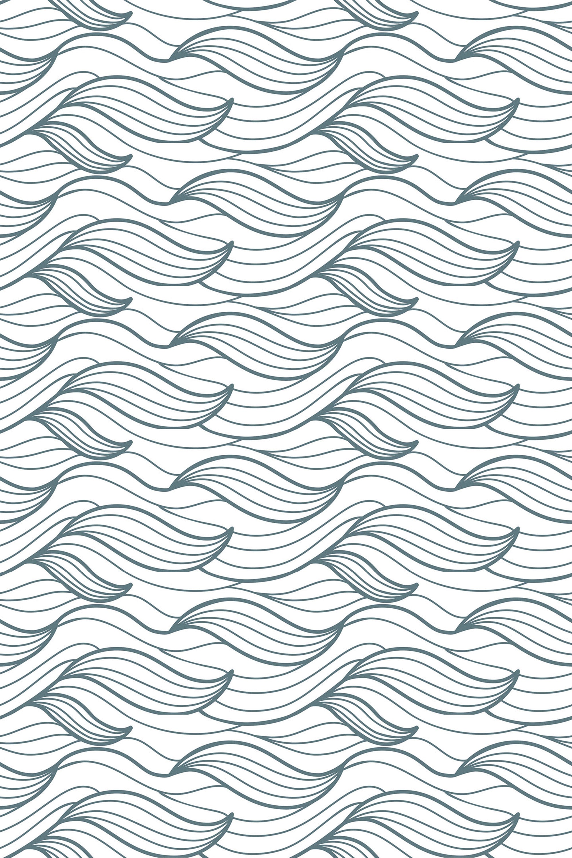 Seamless pattern of flowing, abstract ocean waves in varying shades of blue on a white background, peel and stick removable wallpaper.