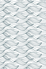 Seamless pattern of flowing, abstract ocean waves in varying shades of blue on a white background, peel and stick removable wallpaper.