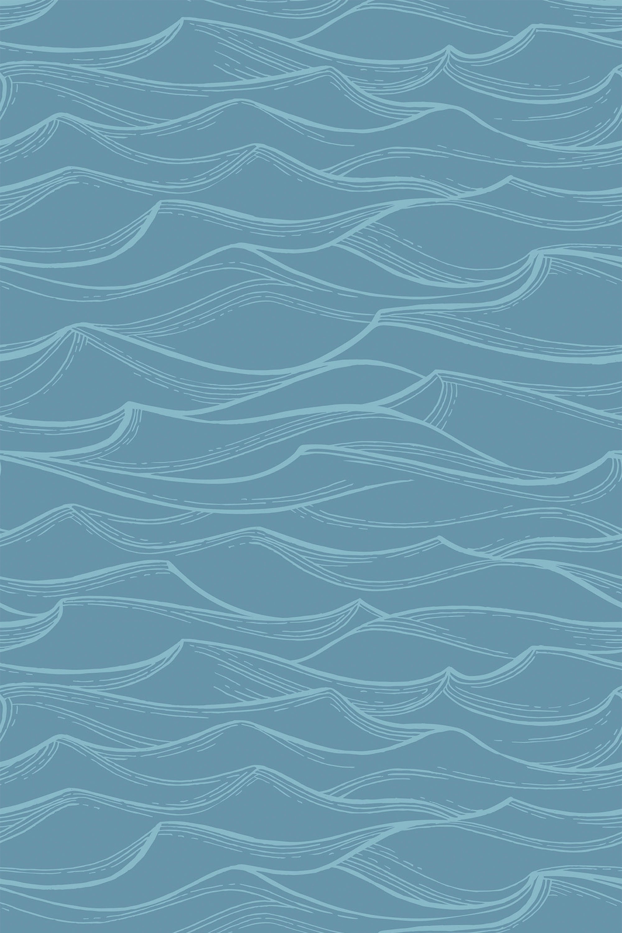 Wavy horizontal line patterns in various shades of blue mimicking the gentle movement of ocean waves spread across a light blue background, peel and stick removable wallpaper.