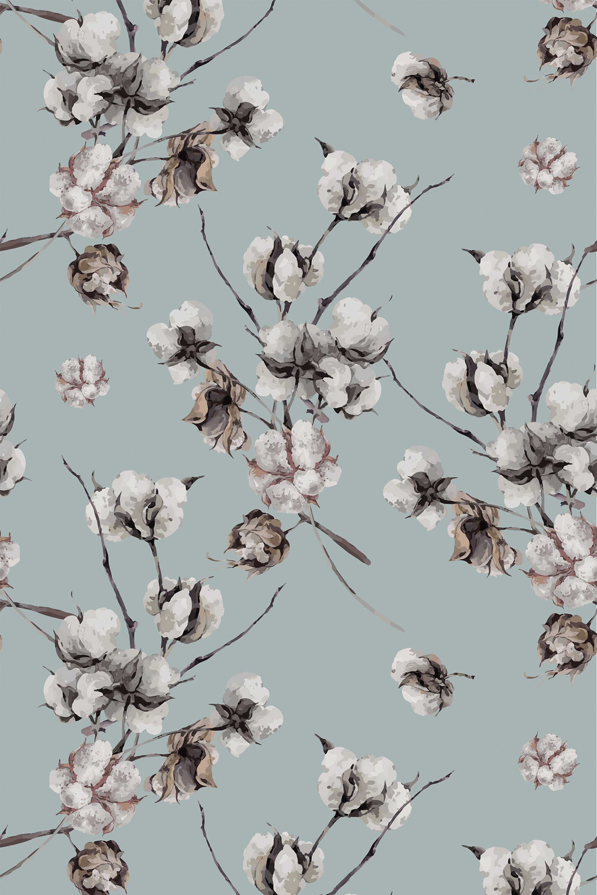 A wallpaper pattern with detailed cotton plant illustrations, featuring fluffy white cotton bolls and brown dried leaves on slender branches, all set against a soft mint green background. Peel and stick removable wallpaper.