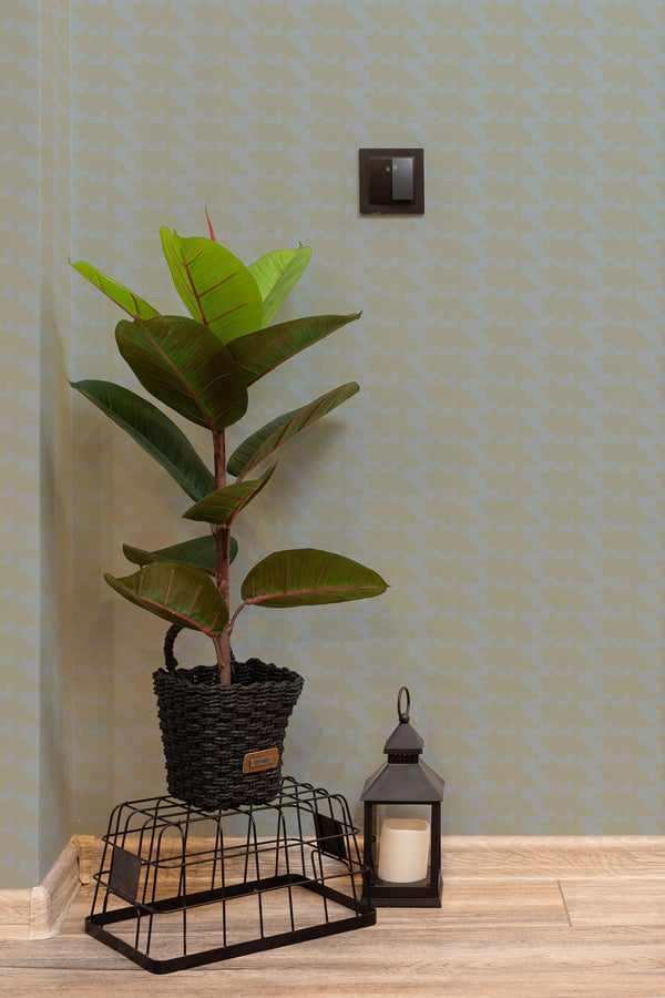 hallway interior green plant black lantern dark hounstooth temporary wallpaper