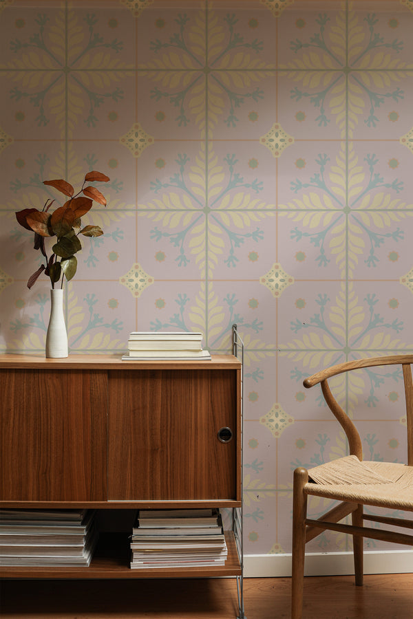 traditional wallpaper pink floral tile pattern accent wall sophisticated living room interior  