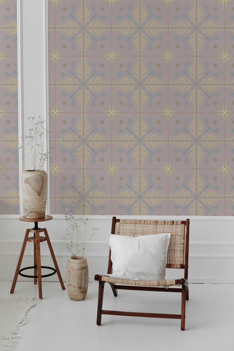 modern living room rattan chair decorative vase pink floral tile pattern