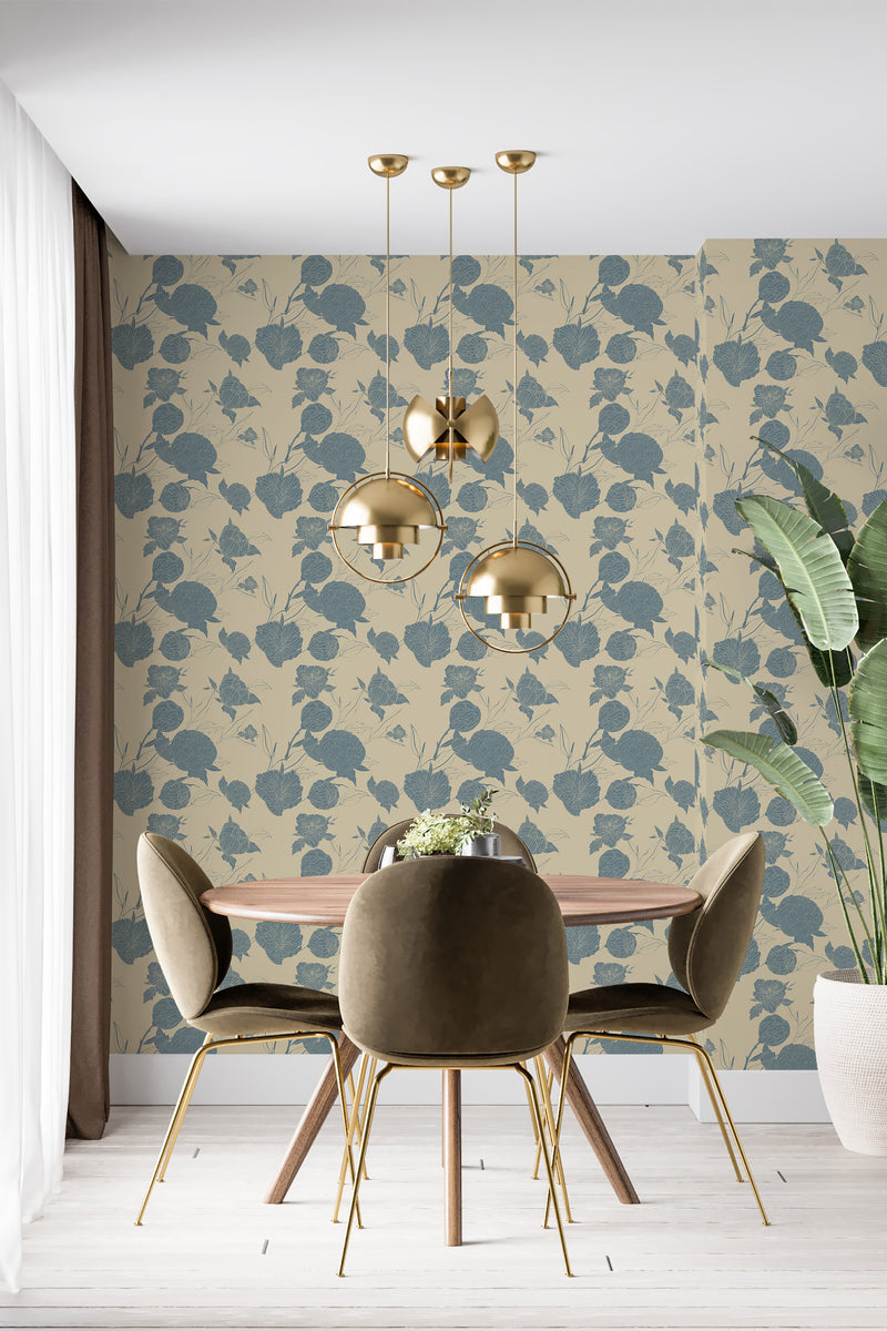 Wallpaper with a Peony garden design in muted tones of light blue and beige, adorned with stylized flowers and leaves, complements the overall elegant and classic decor. Traditional wallpaper.