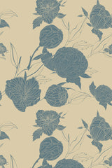 Blue peony flowers and leaves intricately drawn with fine lines in a repeating pattern against a soft beige background, peel and stick removable wallpaper.