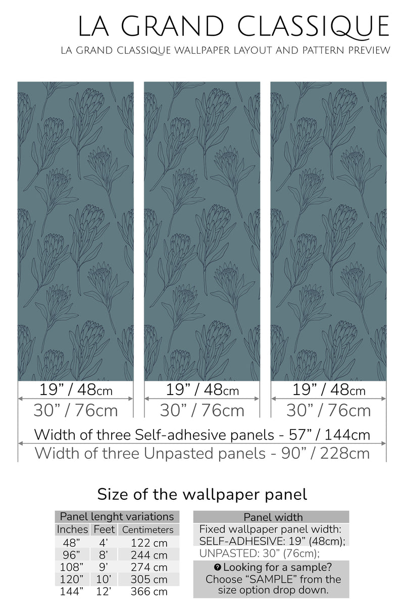 protea flower line art peel and stick wallpaper specifiation