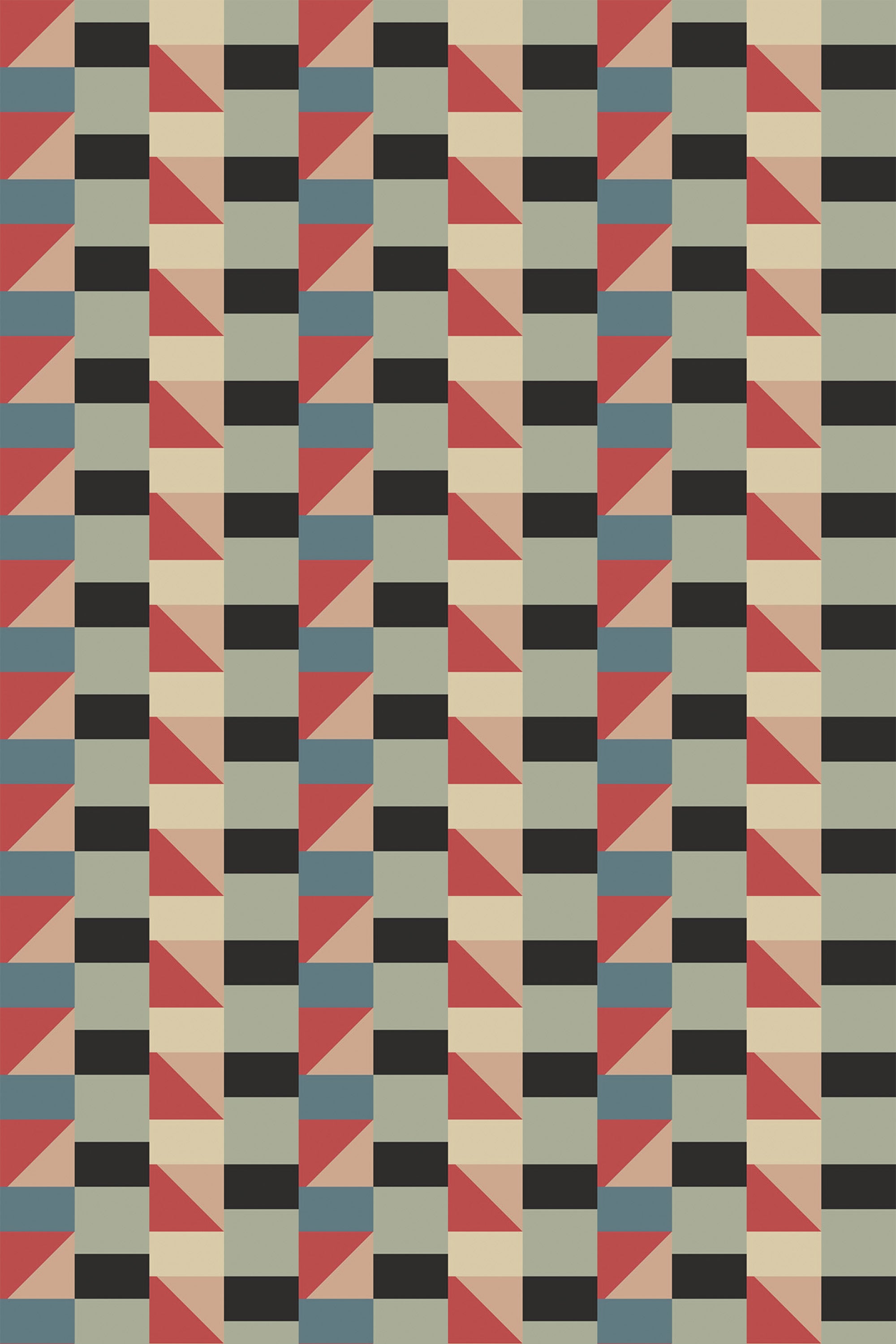 Geometric pattern with alternating stripes of triangles and rectangles in red, black, cream, and gray tones, creating a bold, retro look. Peel and stick removable wallpaper.