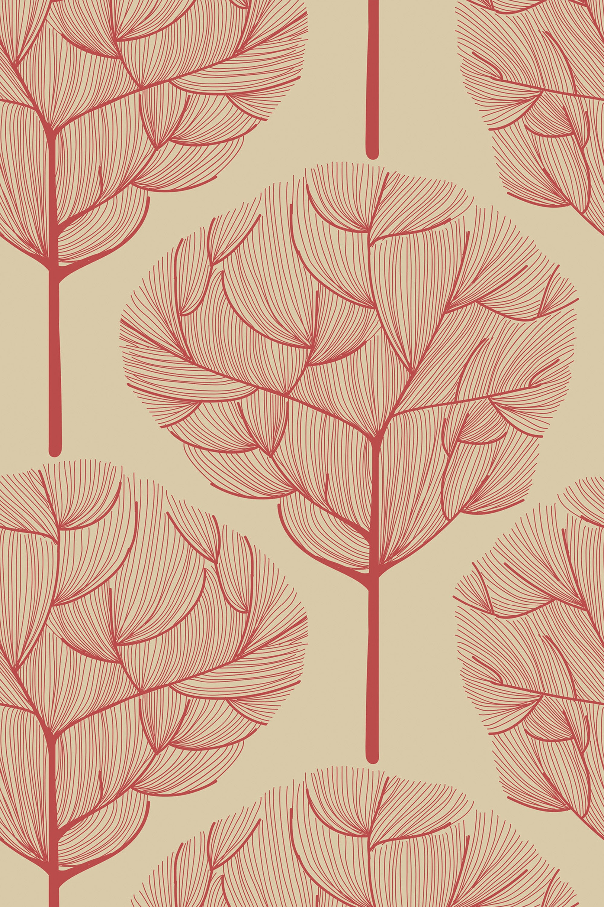 Stylized red oak trees with intricate line details in a repeating pattern on a beige background. Peel and stick removable wallpaper.