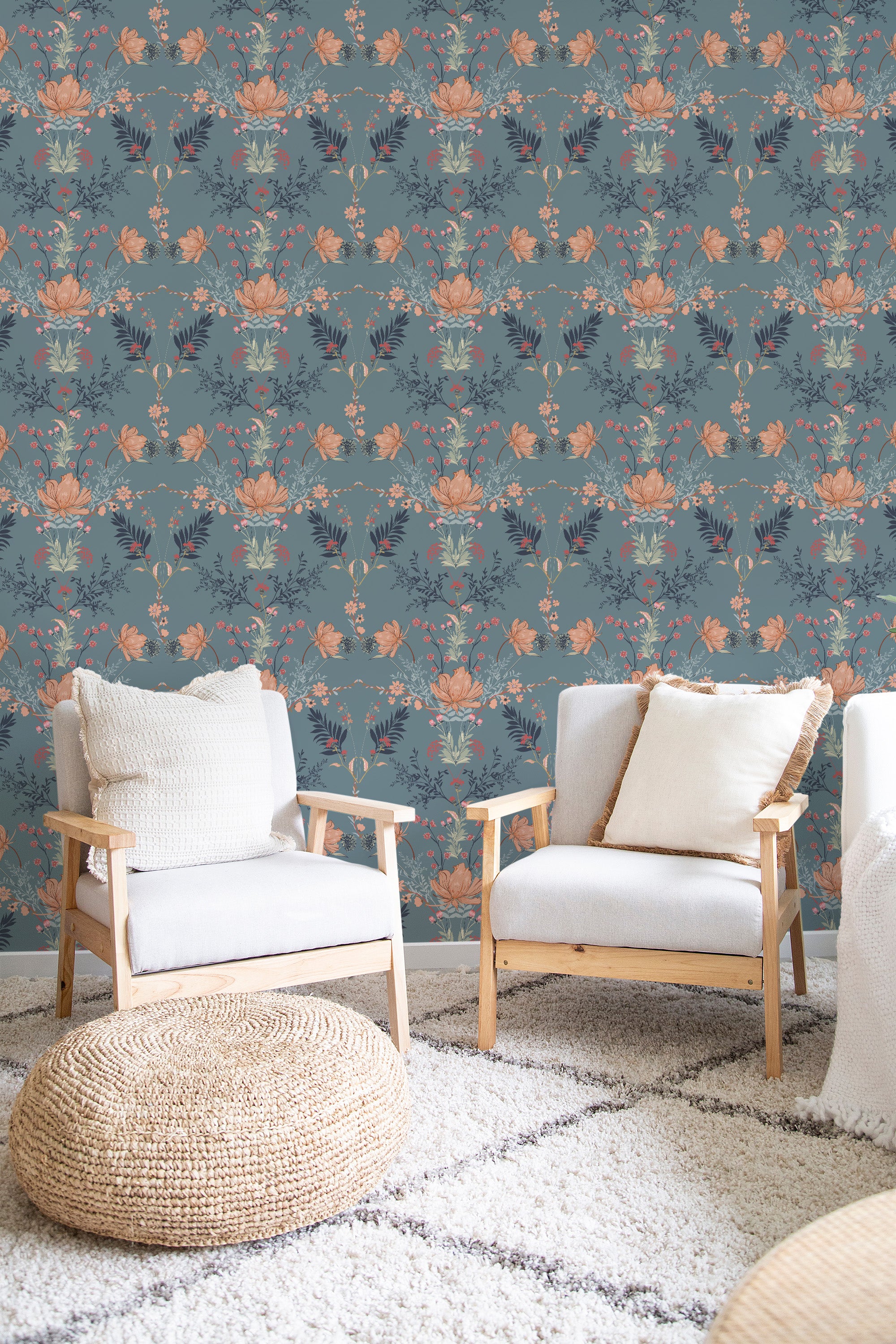 Victorian-style wallpaper with intricate floral patterns in orange and blue tones on a muted green background, creating a vintage and elegant aesthetic, traditional wallpaper.