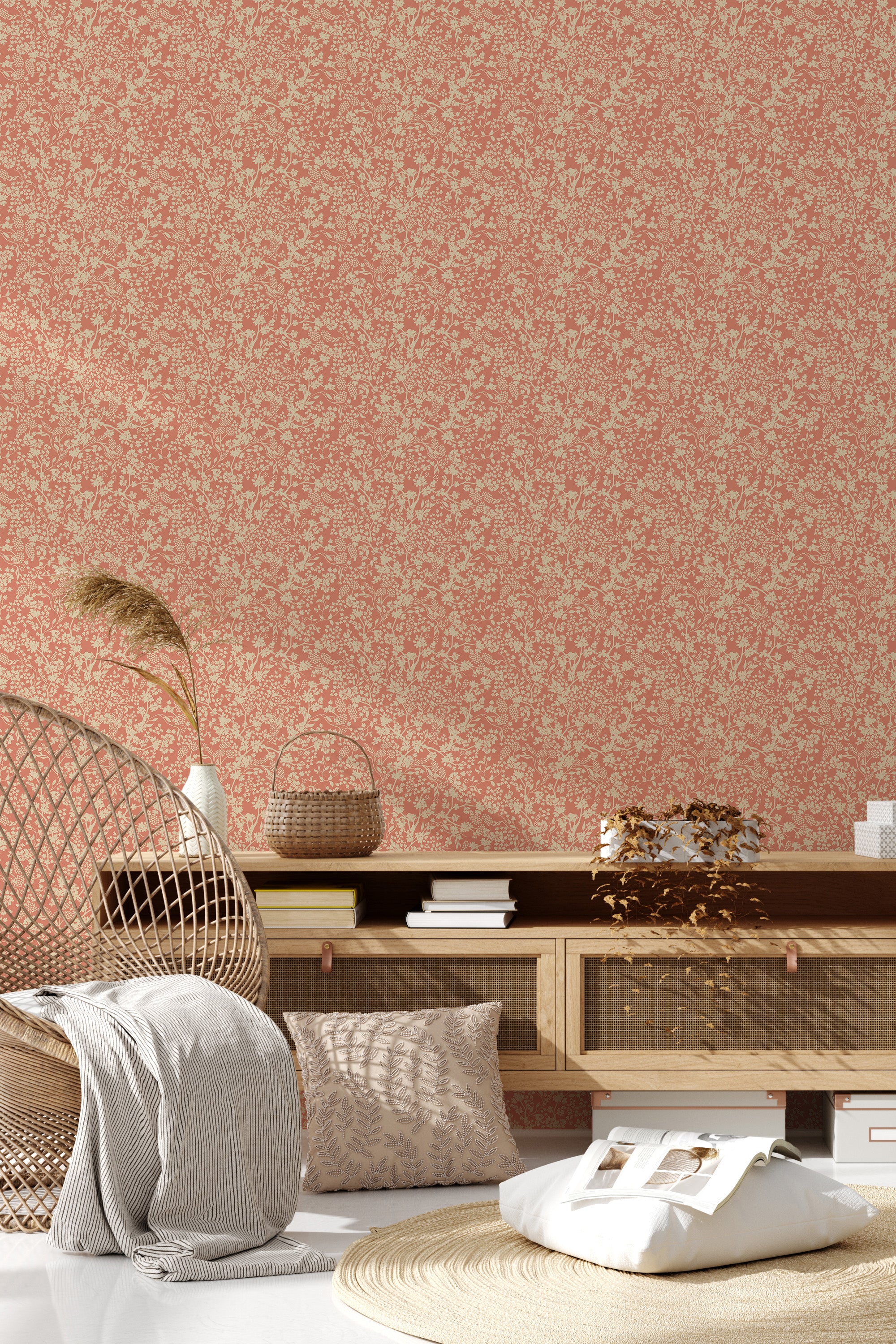 Vintage botanical wallpaper with intricate floral patterns in soft red hues, creating a warm, nostalgic ambiance in the room. Traditional wallpaper.
