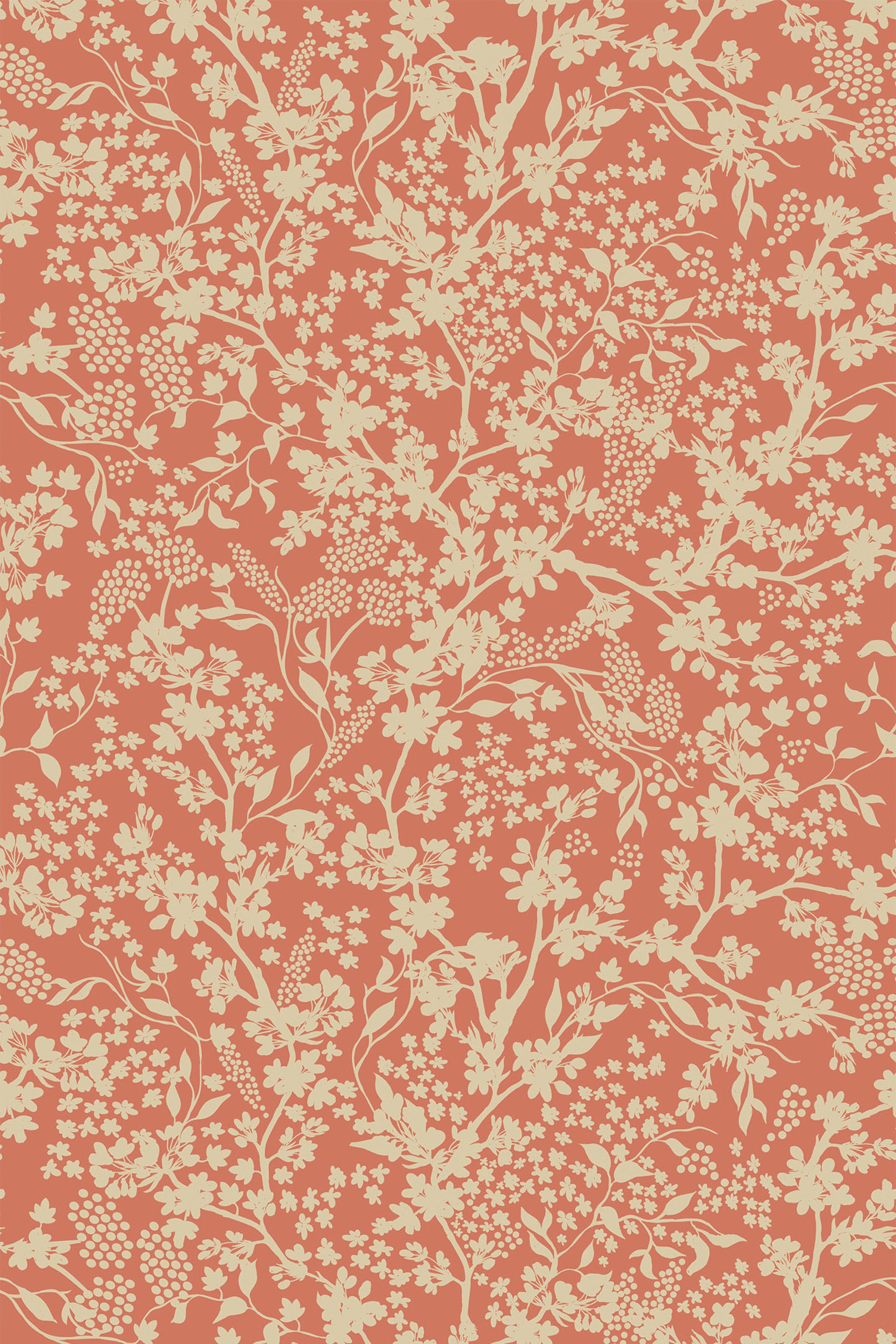 Cream-colored floral and leaf motifs intertwine over a muted orange background in a Vintage botanical style, peel and stick removable wallpaper.