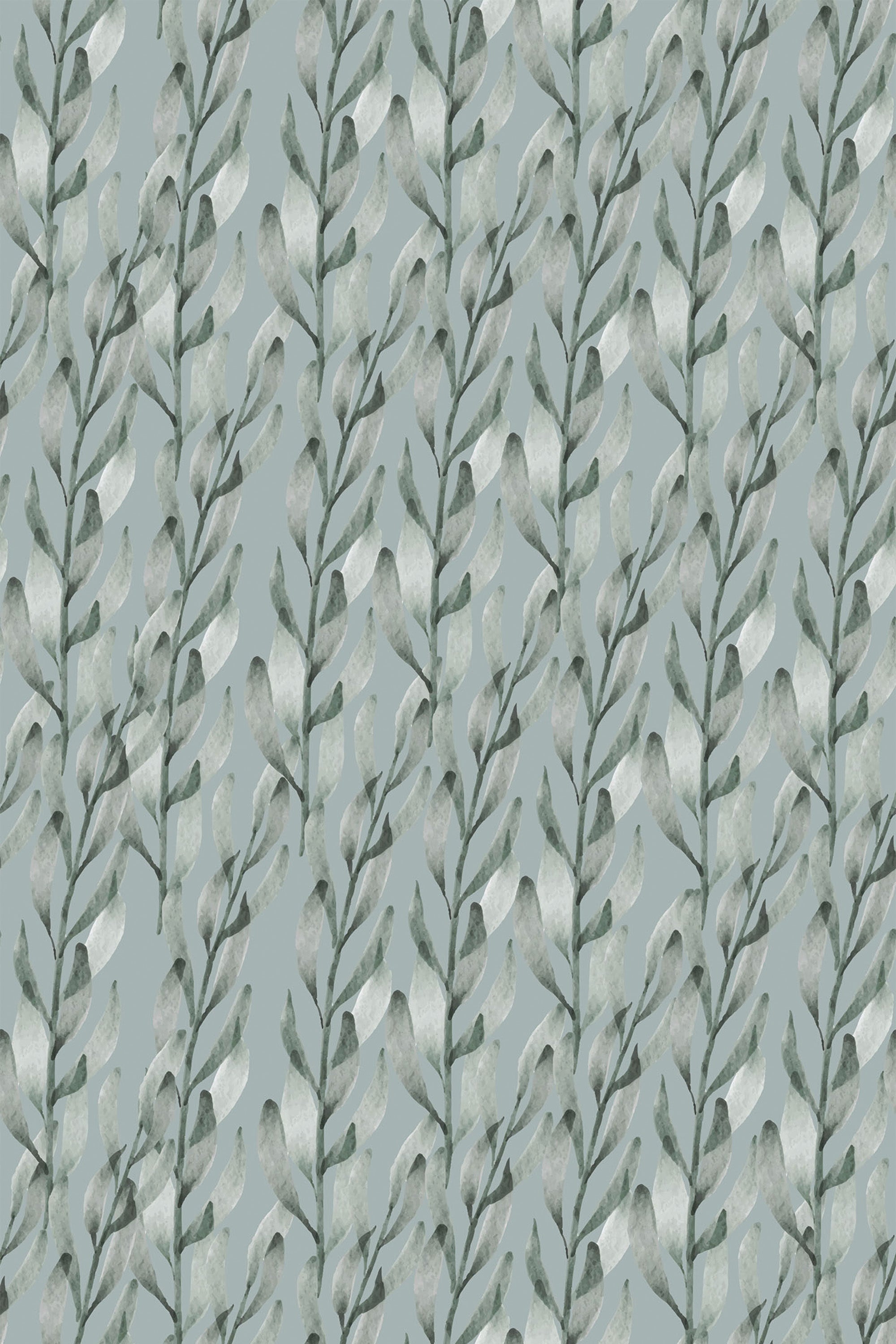 Watercolor leaves design with soft, muted green tones on a light background, arranged in a repeating pattern. Peel and stick removable wallpaper.