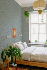 stick and peel wallpaper blue feather palm pattern bedroom boho wall decor green plants