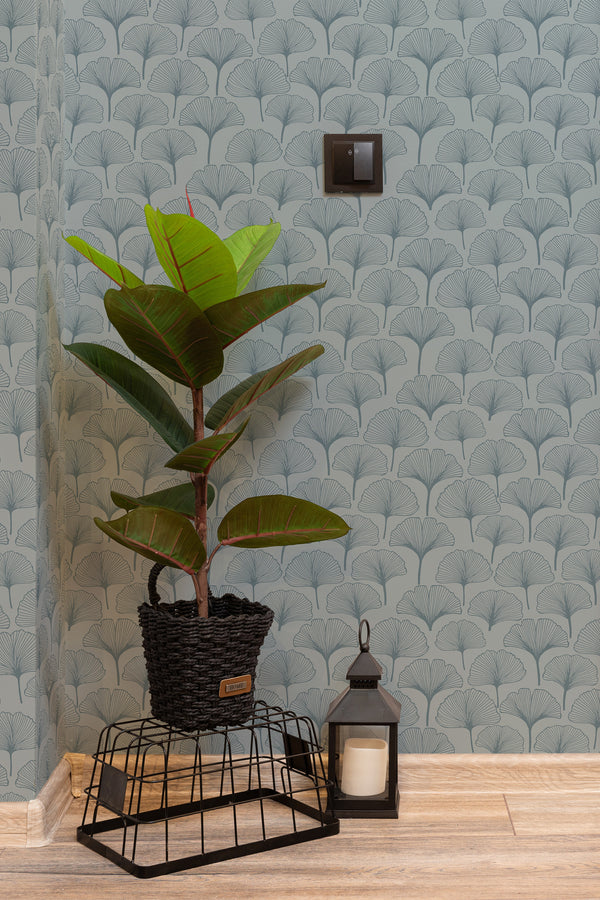 hallway interior green plant black lantern blue feather palm temporary wallpaper