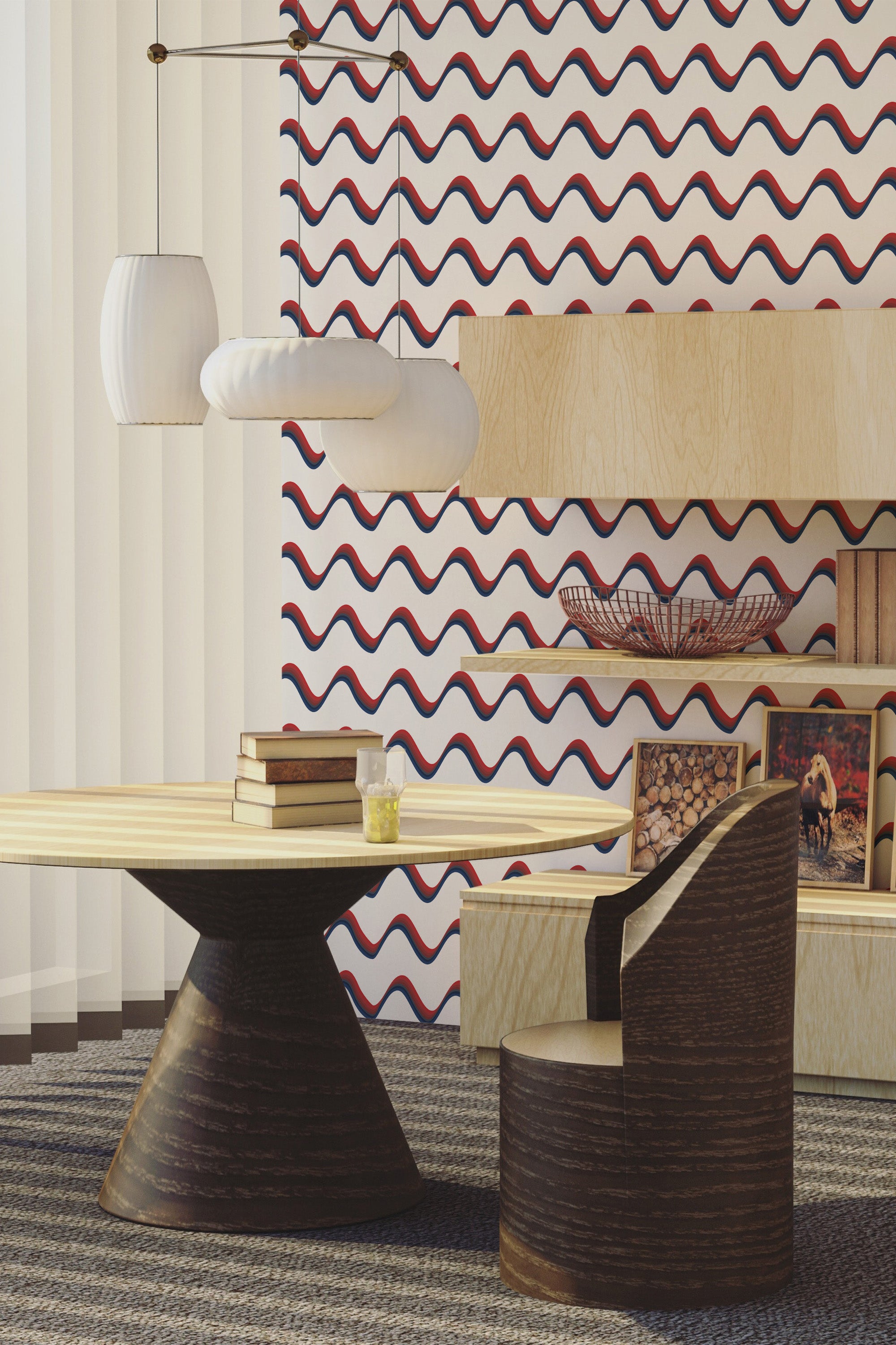 An image of a room with wallpaper featuring a repeating wavy pattern made of red, white, and blue stripes resembling the American flag, creating a rhythmic fluid motion on the wall. The wallpaper adds a dynamic visual element, connecting traditional symbols with a modern interior design. Traditional wallpaper.