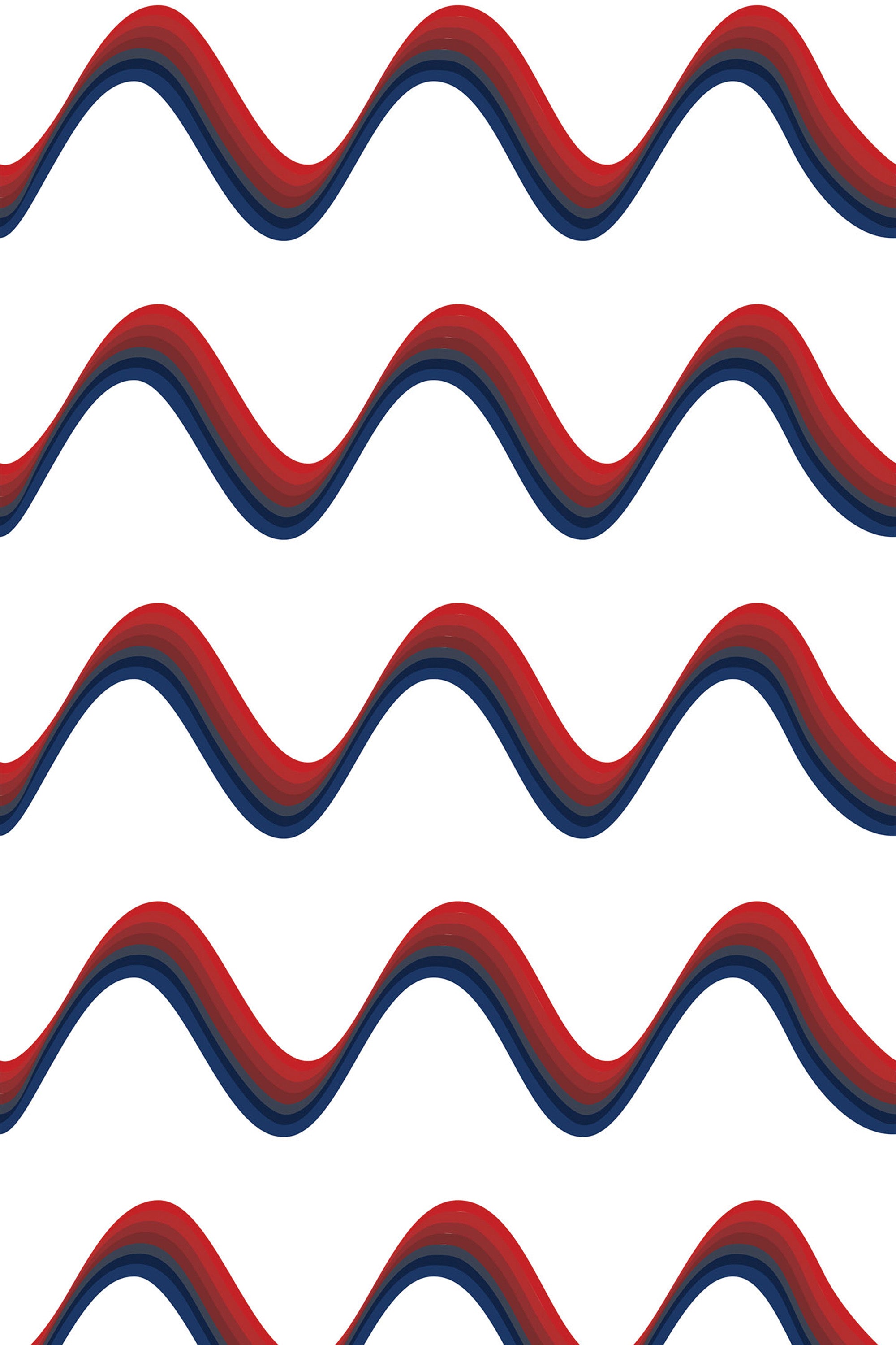 Red, white, and blue wavy lines arranged in a horizontal, repeating pattern on a white background. Peel and stick removable wallpaper.
