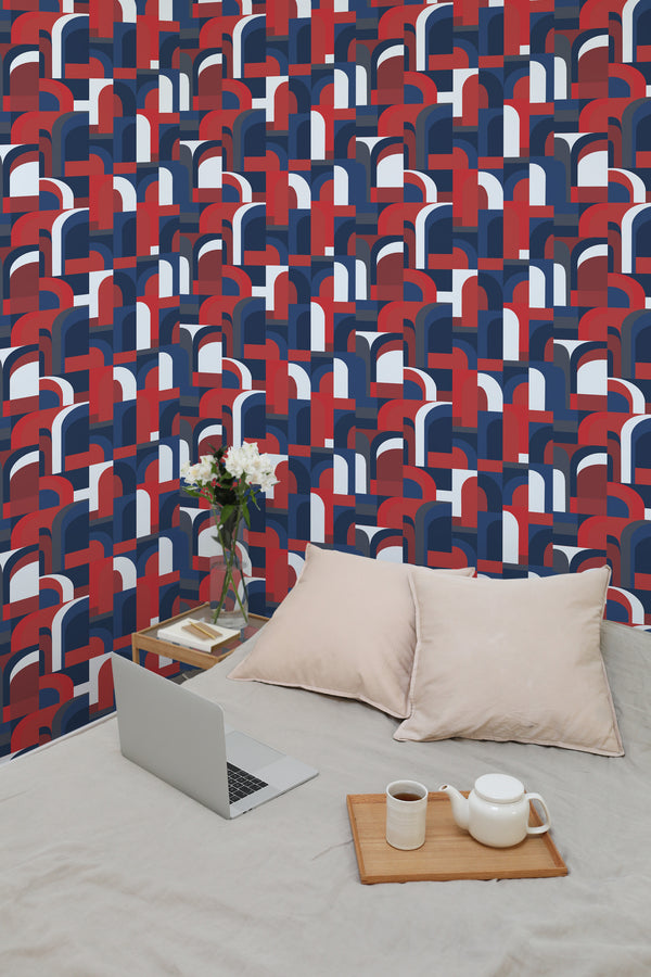 temporary wallpaper usa 70s retro pattern cozy romantic bedroom interior