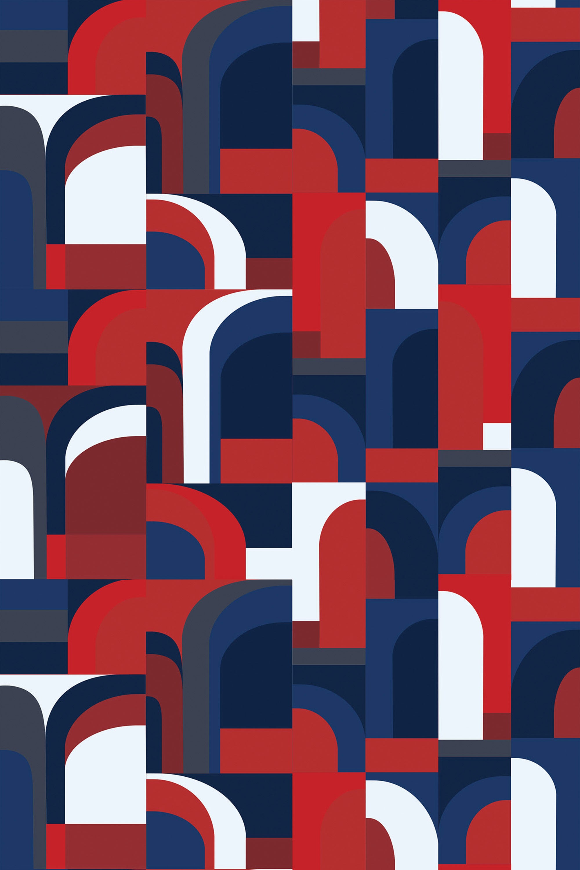 Bold, geometric shapes in vibrant shades of red, white, blue, and dark grey, arranged in overlapping arcs and rectangles reminiscent of 1970s American design. Peel and stick removable wallpaper.