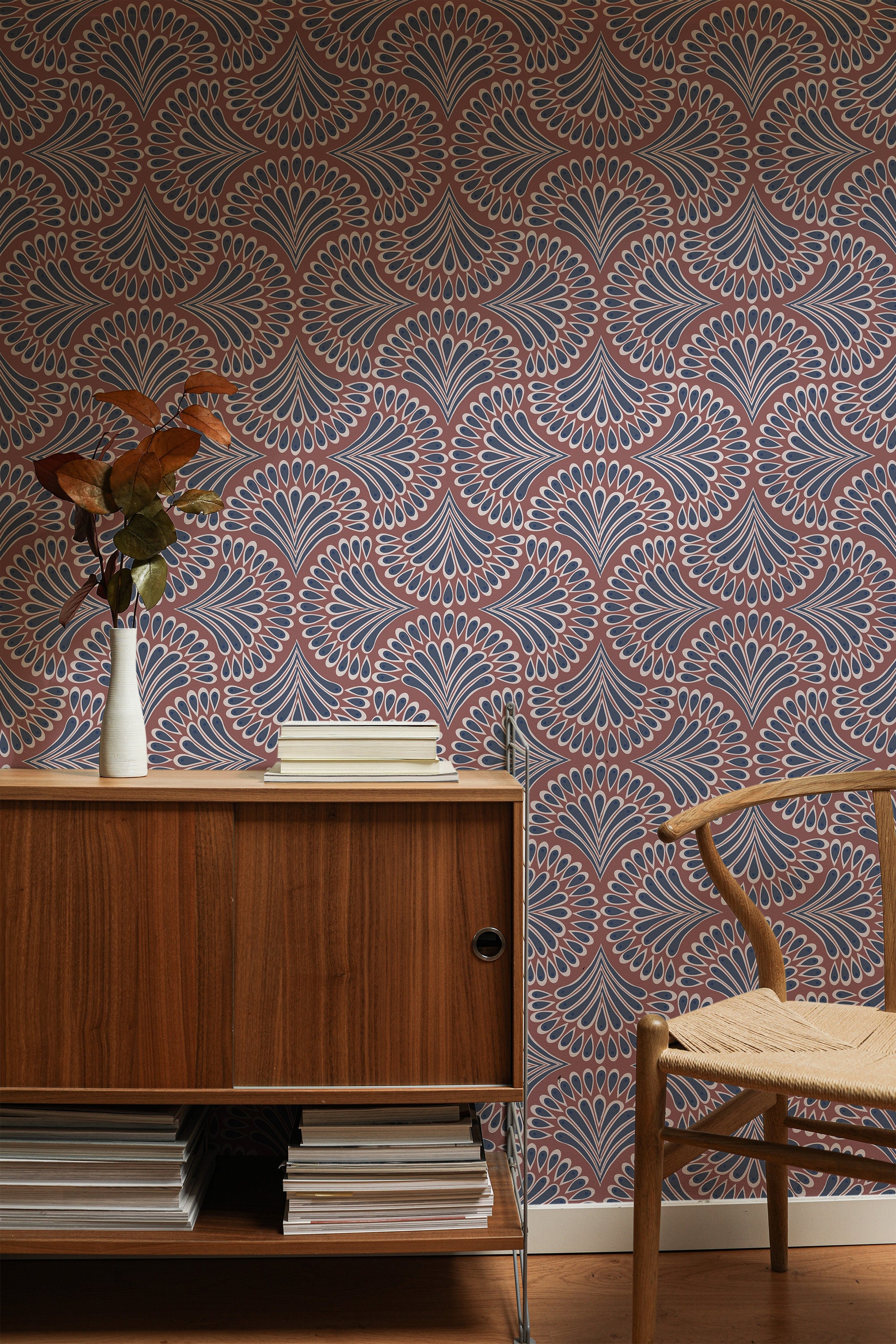 Self-adhesive USA Paisley wallpaper with intricate swirling patterns in shades of blue, red, and white, creating a bold and dynamic look.