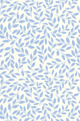 Blue leafy branches spread across a soft, off-white background, forming a simple and elegant repeating pattern. Coastal branch design, peel and stick removable wallpaper.