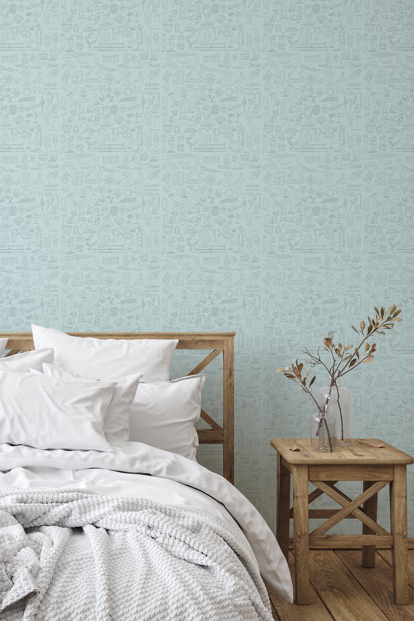 simple bedroom bed nightstand decorative vase coastal elements wall decor