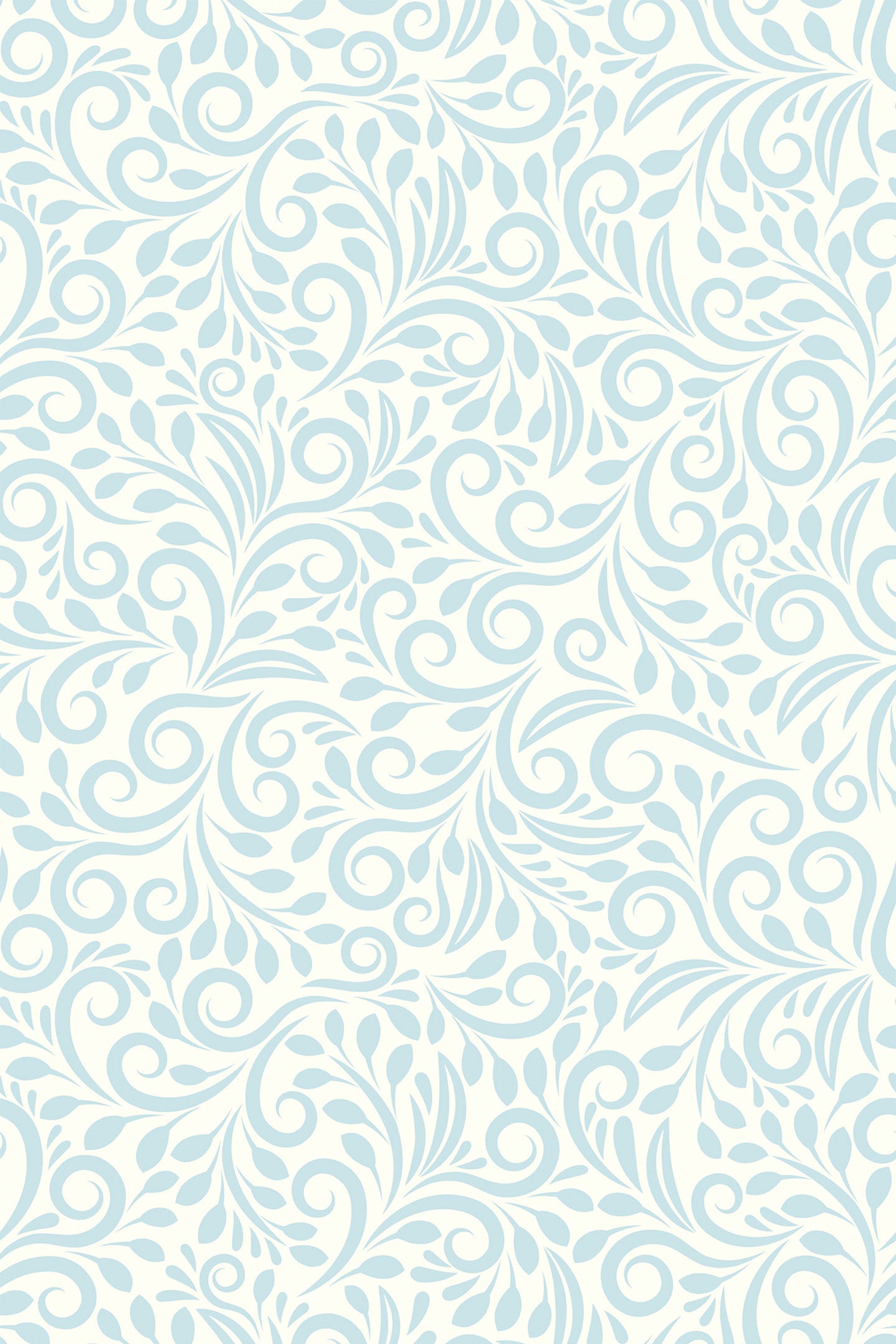 Light blue ornamental pattern with intricate, swirling floral motifs and delicate leaf accents on a cream background. Peel and stick removable wallpaper.