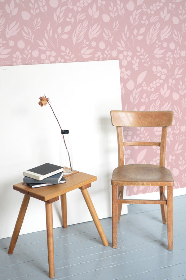wooden table chair decorative plant blank canvas pink leaves self adhesive wallpaper
