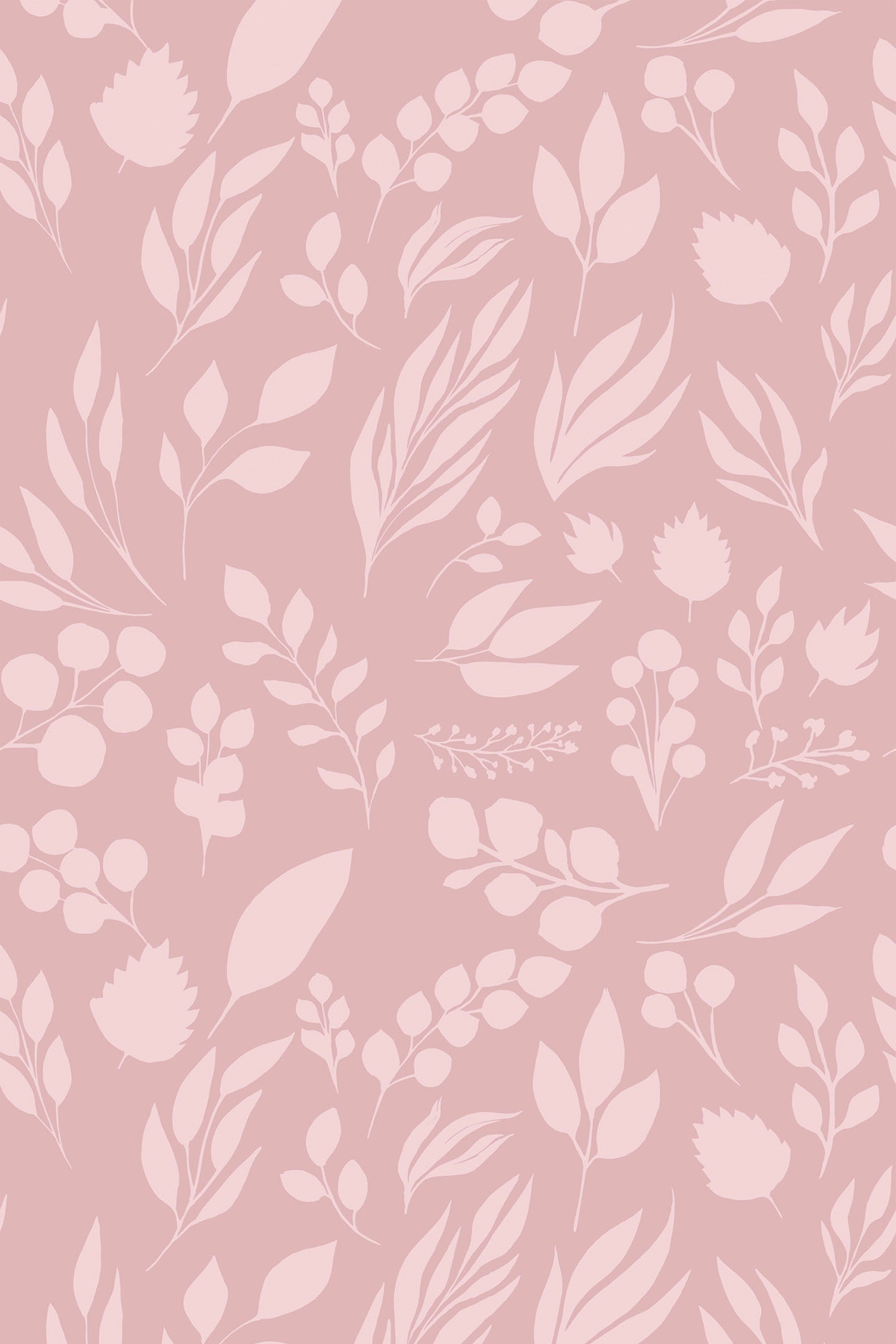 Light pink wallpaper with a soft, delicate pattern of various leaves, flowers, and botanical elements scattered across a muted pink background. Ideal for adding a subtle, nature-inspired touch to any room. Peel and stick removable wallpaper.