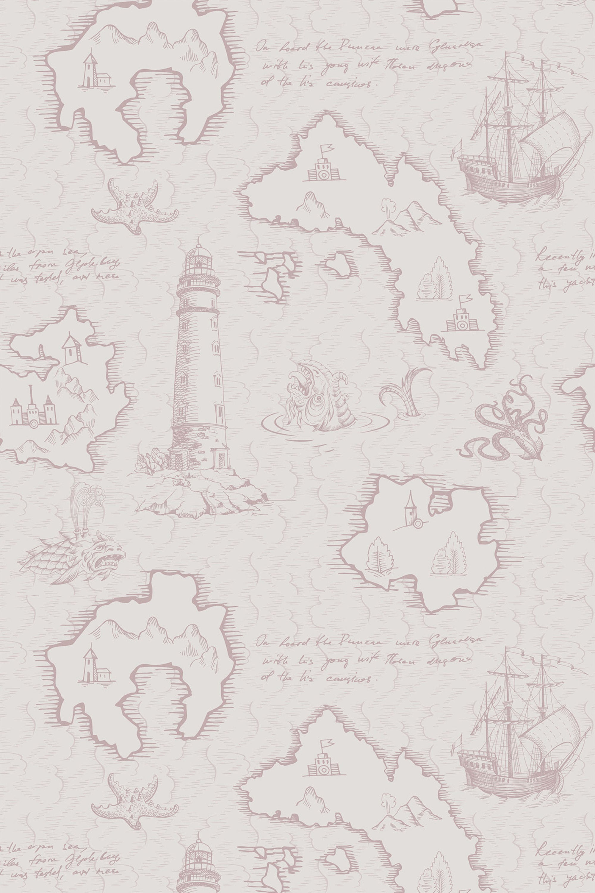 A vintage-inspired wallpaper design with detailed illustrations of a lighthouse, nautical sea creatures, old ships, and hand-drawn map outlines, all in muted pink tones on a light background. Perfect for a coastal or maritime-themed decor. Peel and stick removable wallpaper.