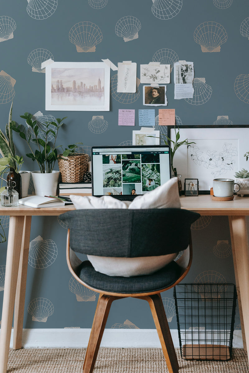 modern home office desk plants posters computer seashells stick on wallpaper