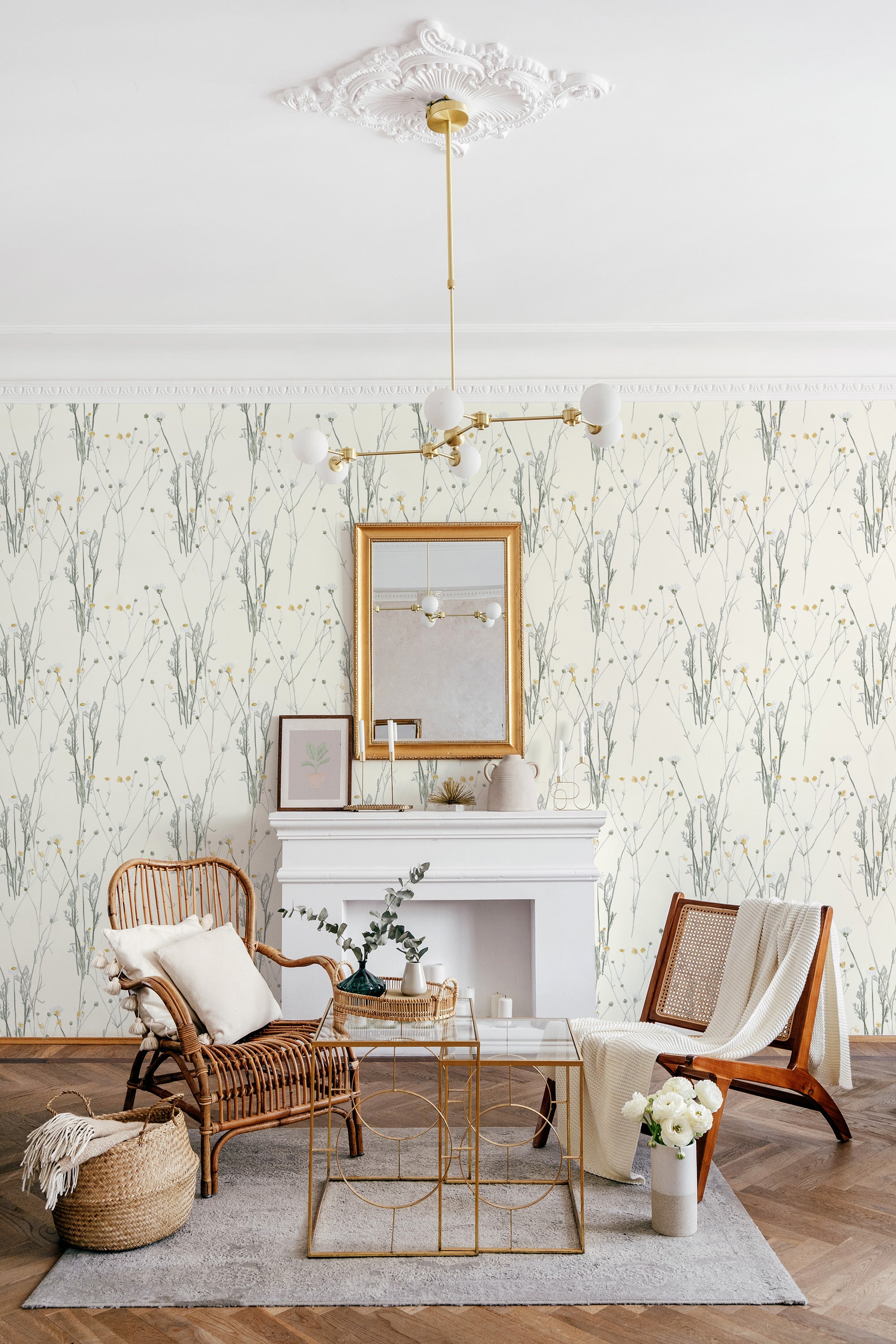 A room with wallpaper covered in delicate wildflowers and thin, minimalist branches in soft earthy tones against a light background. The wallpaper creates a serene and natural ambiance, complementing the traditional decor. Traditional wallpaper.