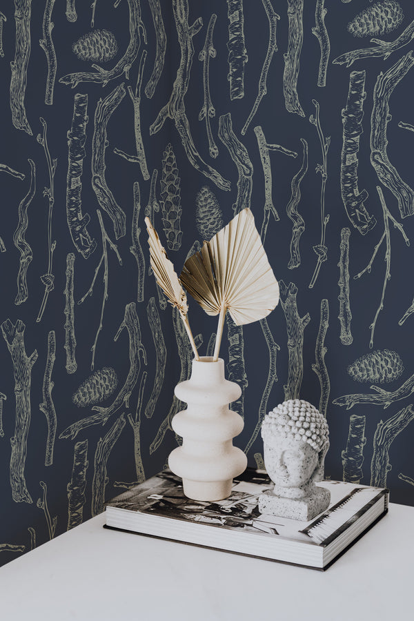 wallpaper for walls branches pattern modern sophisticated vase statue home decor
