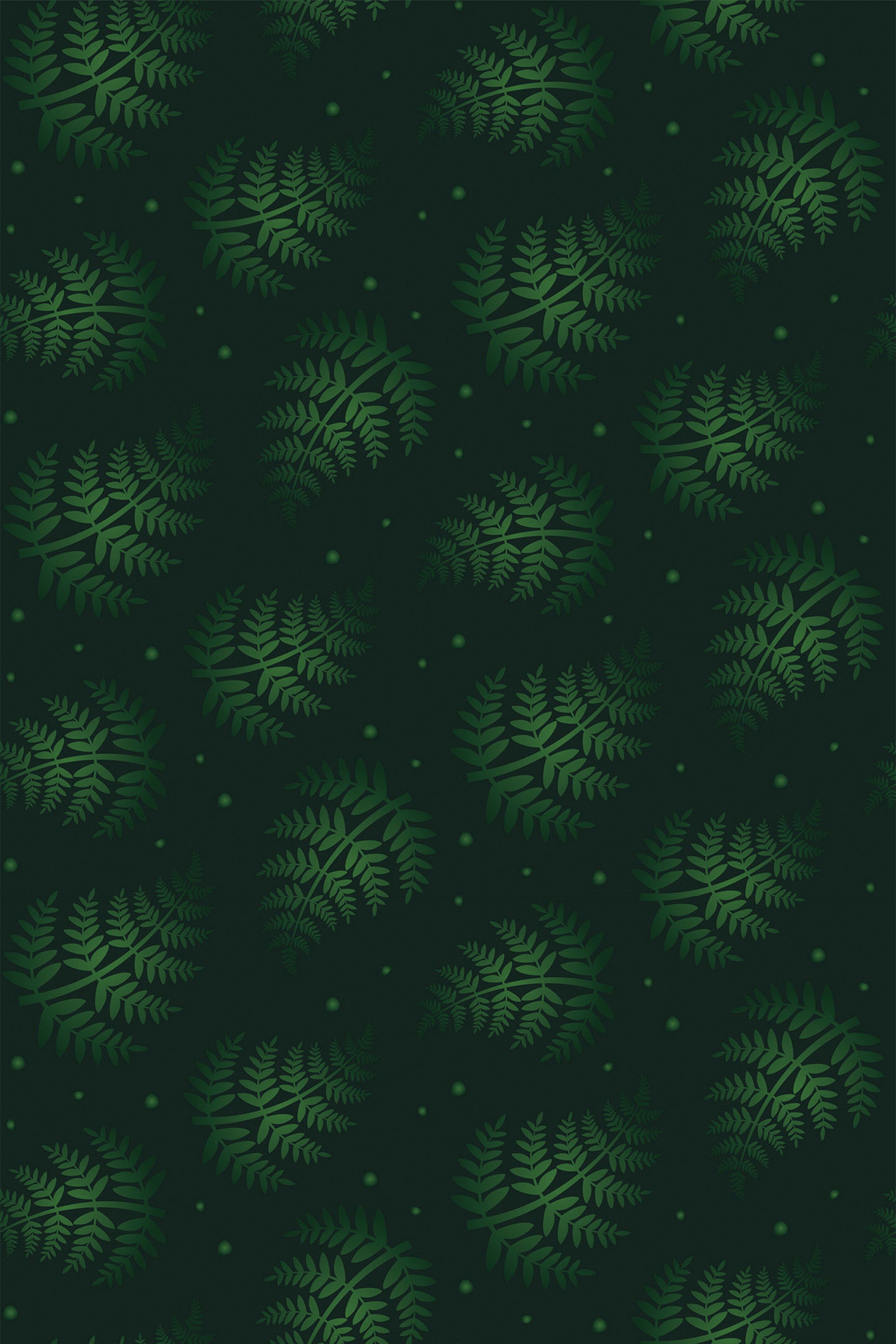 A pattern of green fern leaves interspersed with small dots on a dark green background, peel and stick removable wallpaper.