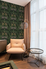 wallpaper stick and peel dark green tropical pattern modern armchair lamp table reading area