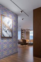 peel and stick removable wallpaper fun psychedelic pattern modern contemporary apartment living room interior