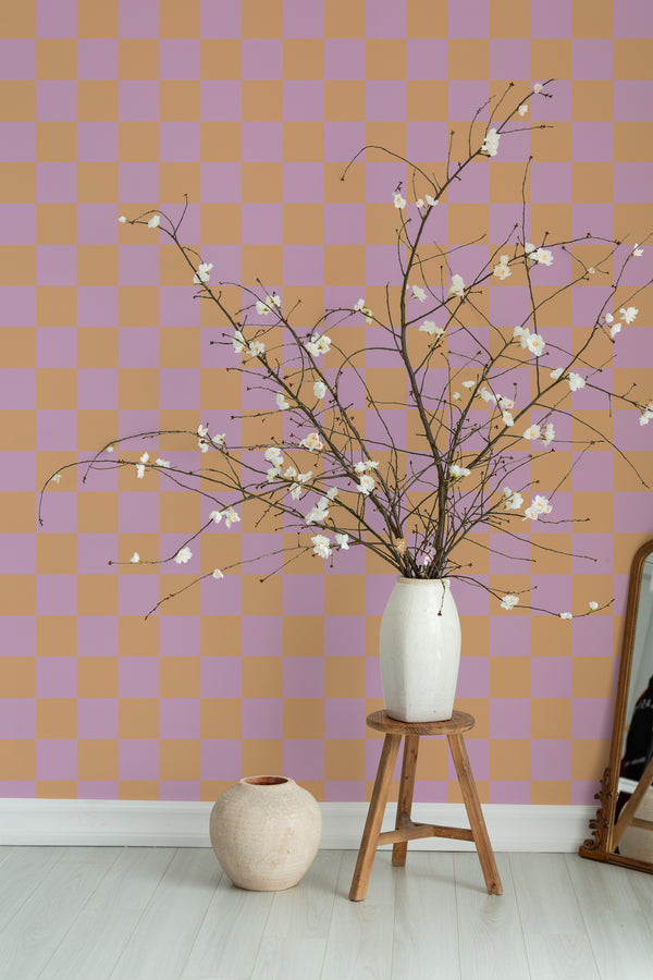 decorative plant vase wooden stool living room pink and orange check decor